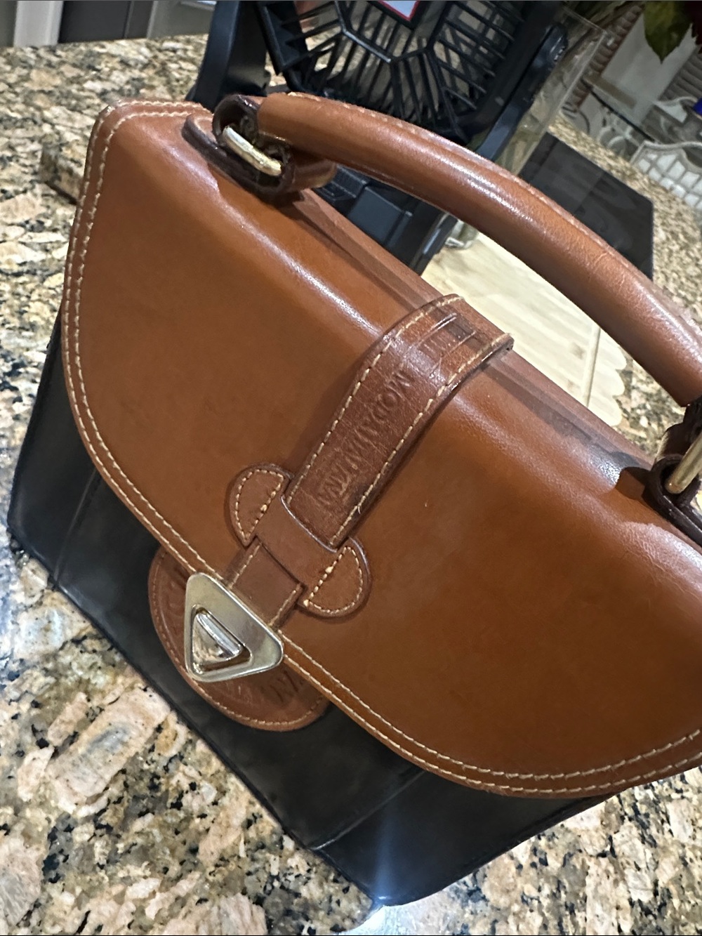 Two-Tone Brown & Black Leather Satchel with Top Handle